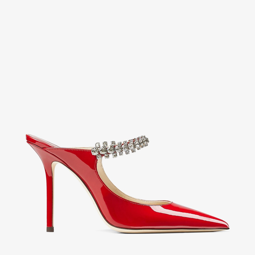 Jimmy Choo – Red Patent Leather Mules with Crystal Strap