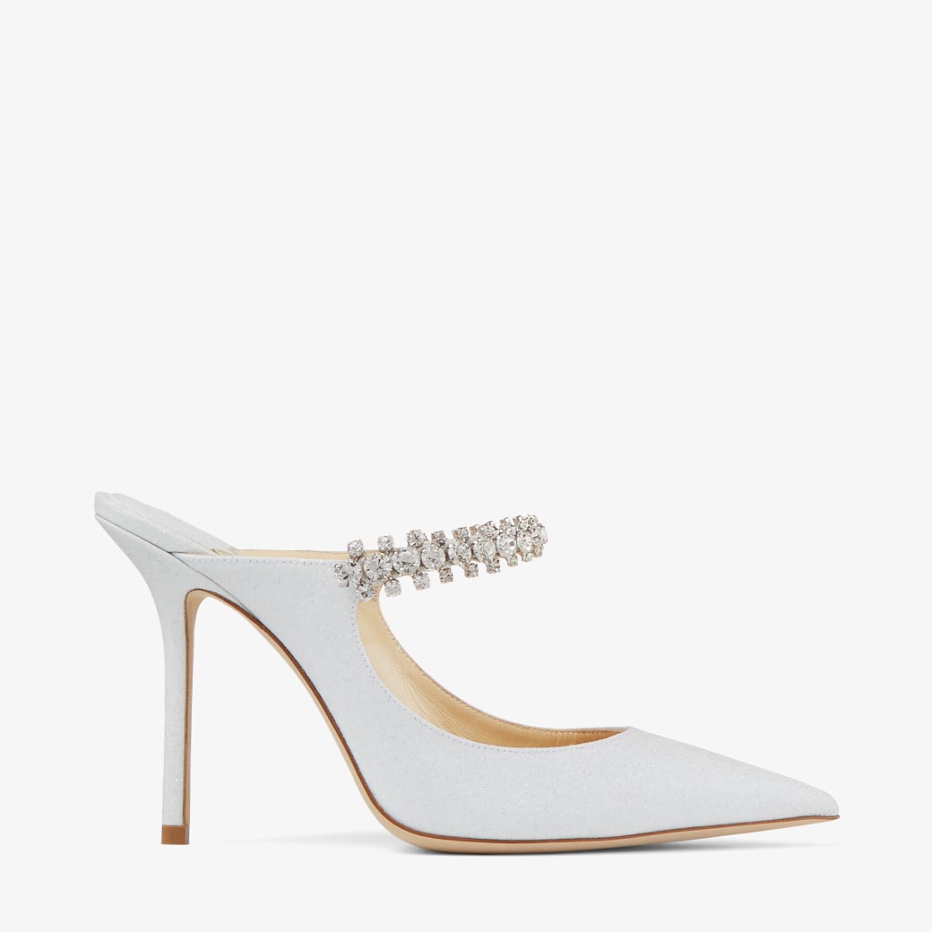 Jimmy Choo – White Sandy Glitter Fabric Mules with Crystal Strap