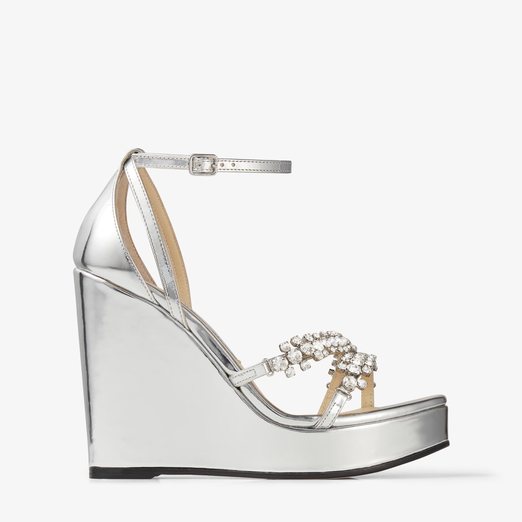 Jimmy Choo - Silver Liquid Metal Leather Wedges with Crystal Straps