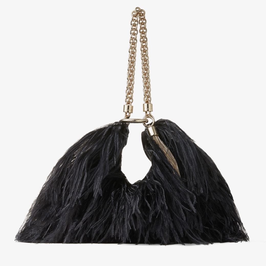 Jimmy Choo – Black Leather Clutch Bag with Ostrich Feather