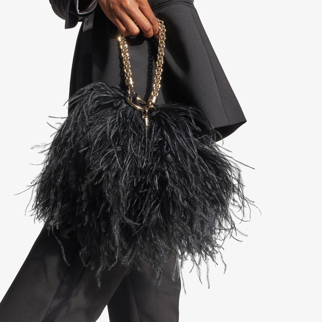 Jimmy Choo - Black Leather Clutch Bag with Ostrich Feather