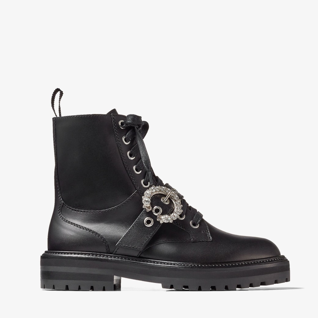 Jimmy Choo – Black Soft Calf Leather Combat Boots with Crystal Buckle