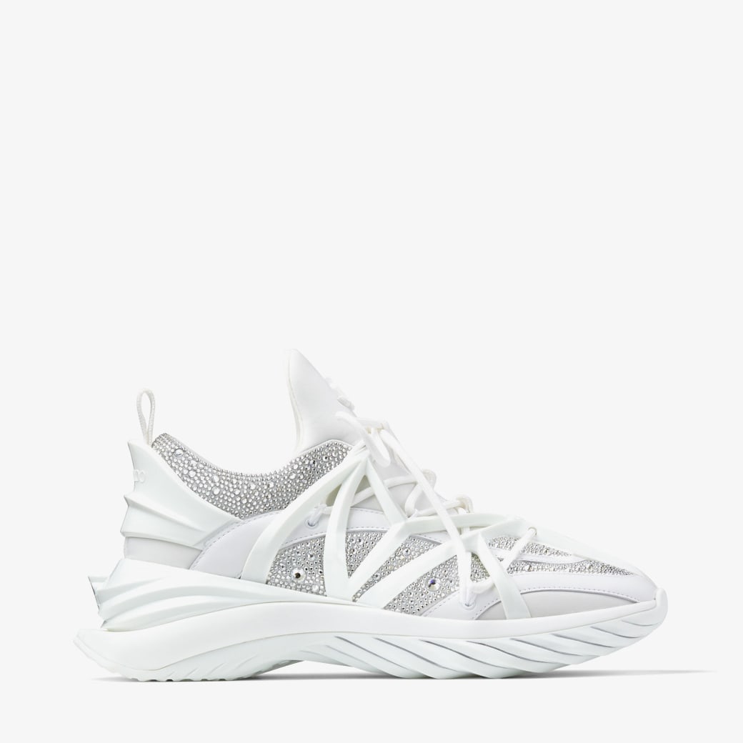 Jimmy Choo - White Neoprene and Leather Low-Top Trainers with Crystals