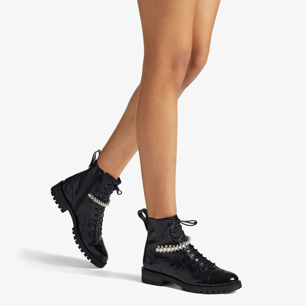 Jimmy Choo - Black Naplack Flat Combat Boots with Crystal and Pearl  Detailing