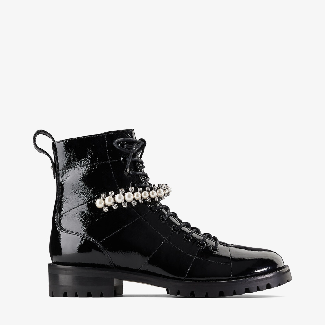 Jimmy Choo - Black Naplack Flat Combat Boots with Crystal and Pearl Detailing