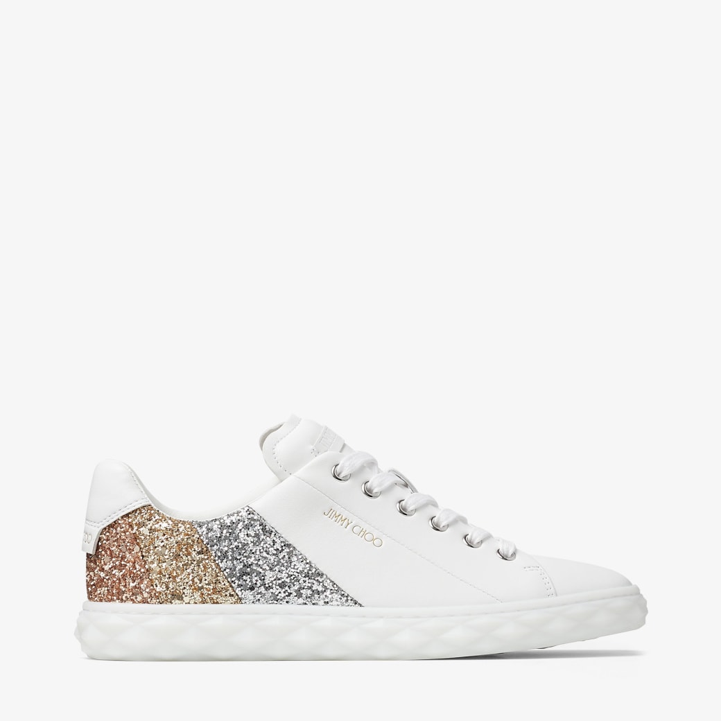 Jimmy Choo – White Nappa Leather and Gold Glitter Low-Top Trainers