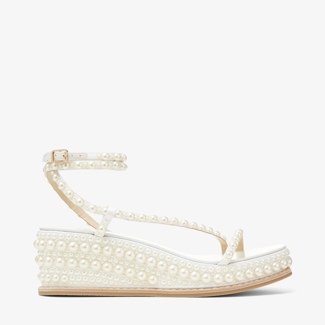 Jimmy Choo - White Satin Wedge Sandals with Pearl Embellishment