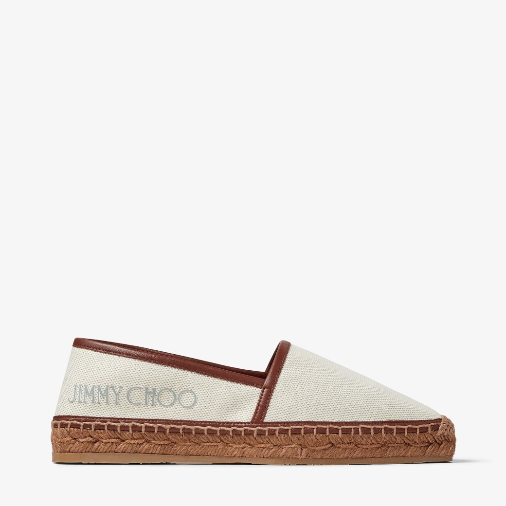 Jimmy Choo – Natural Recycled Canvas and Tan Nappa Leather Espadrilles with Grey Jimmy Choo Lettering