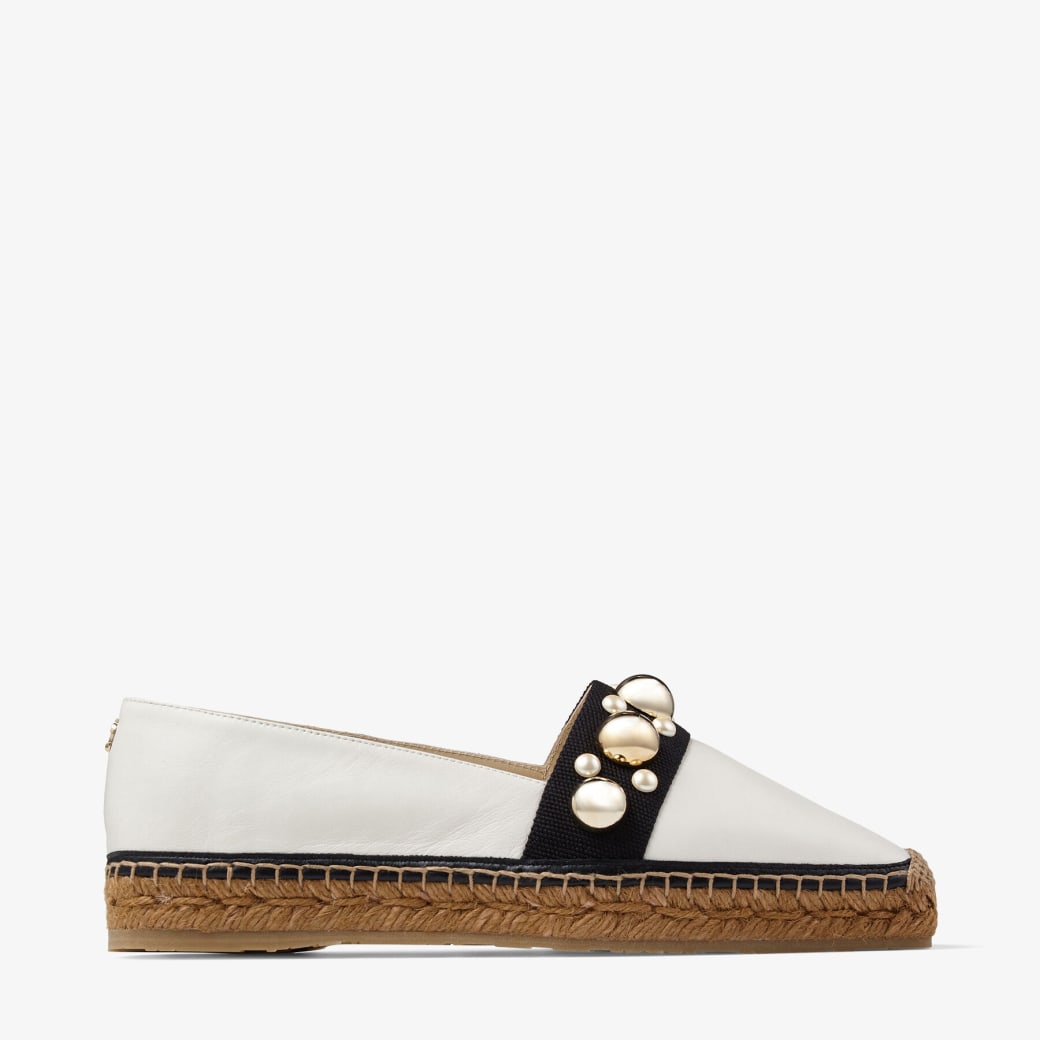 Jimmy Choo DRU FLAT - Latte Nappa Leather Espadrilles with Studs and Pearls