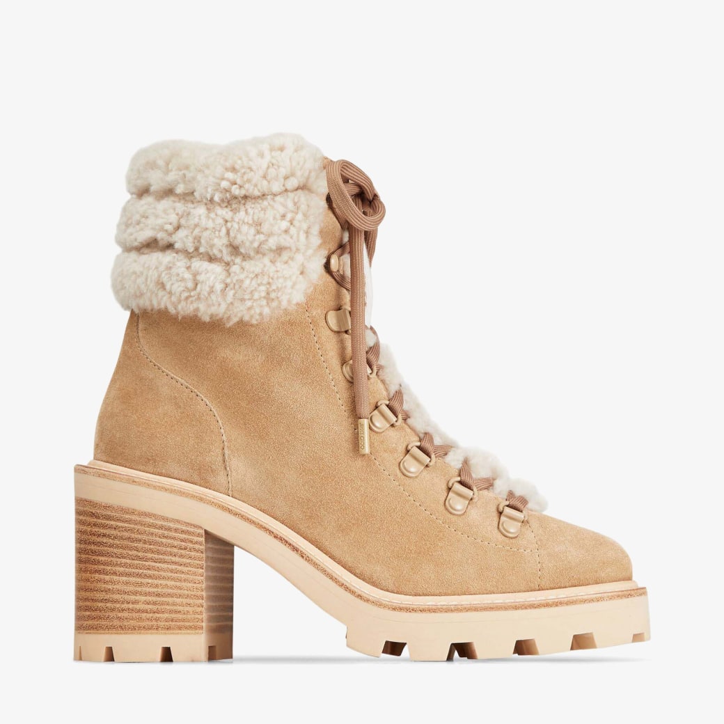 Jimmy Choo – Stucco Suede Heeled Hiking Boots with Natural Shearling Collar