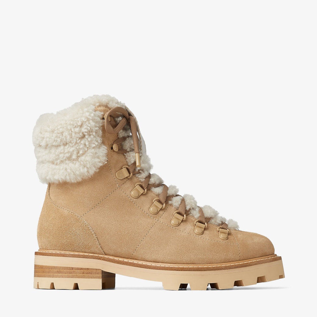 Jimmy Choo – Stucco Suede Hiking Boots with Natural Shearling Collar