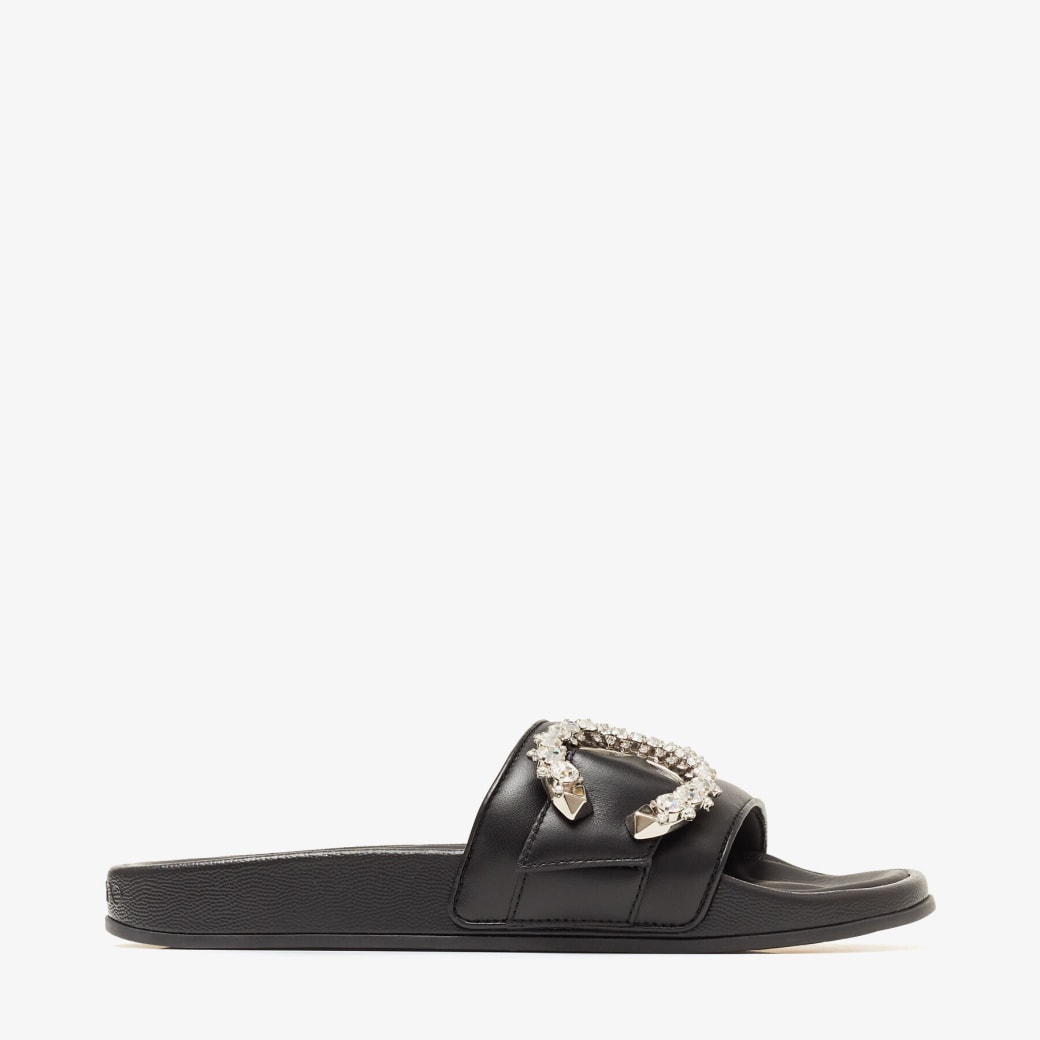Jimmy Choo – Black Nappa Leather Slides with Crystal Buckle