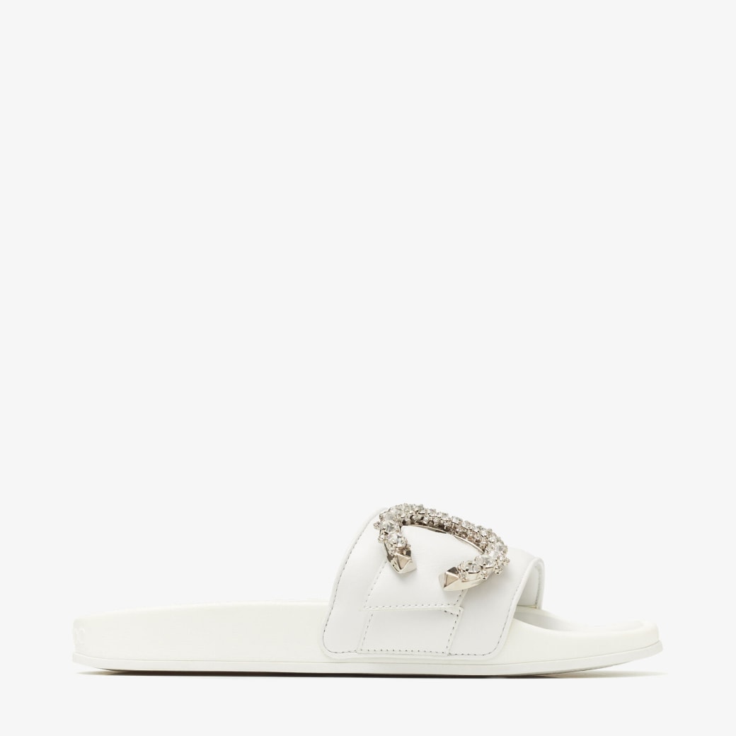 Jimmy Choo – White Nappa Leather Slides with Crystal Buckle