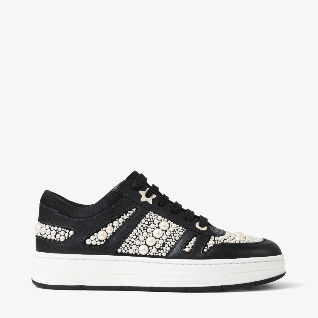 Jimmy Choo – Black Calf Leather and Canvas Low Top Trainers with Pearl Embellishment