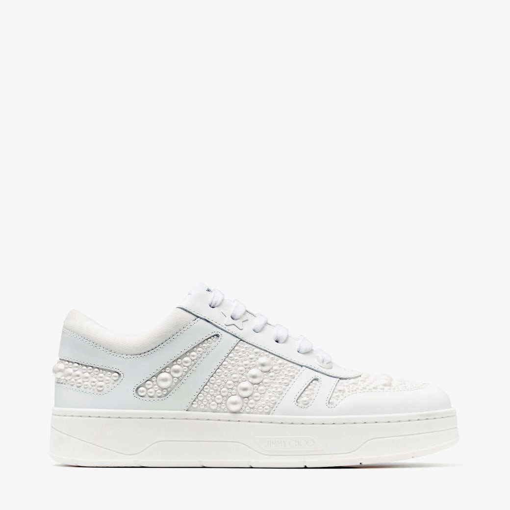 Jimmy Choo – White Calf Leather and Canvas Low Top Trainers with Pearl Embellishment