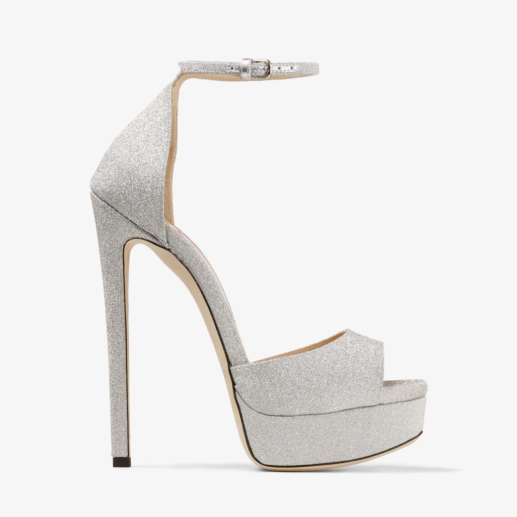 Jimmy Choo – Metallic Silver Glitter Fabric Platform Stiletto Sandals