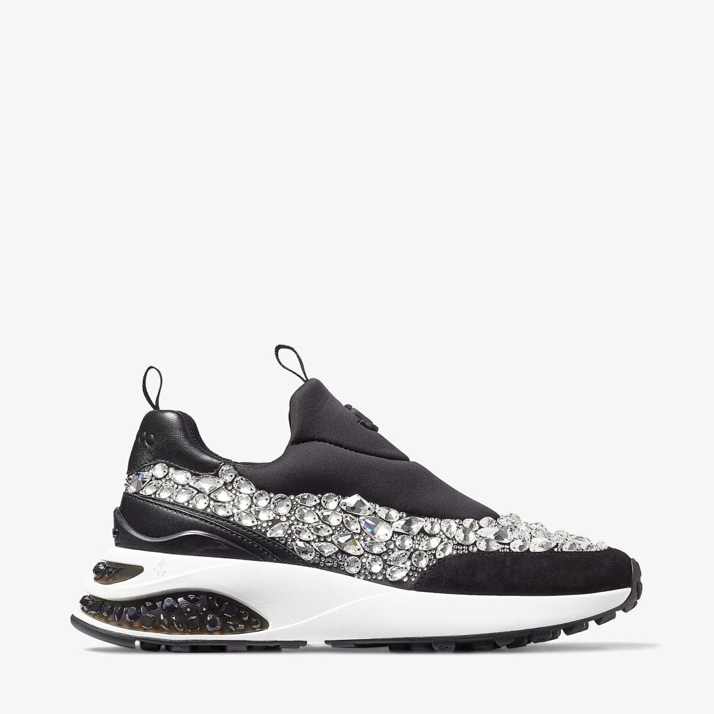 Jimmy Choo – Black Mix Neoprene and Leather Low Top Trainers with Crystal Embellishment