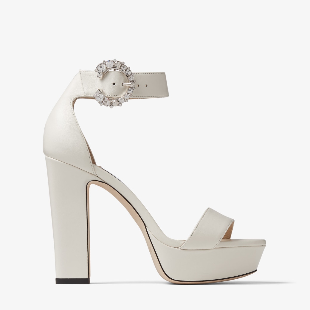 Jimmy Choo – Latte Leather Platform Sandals with Crystal Buckle