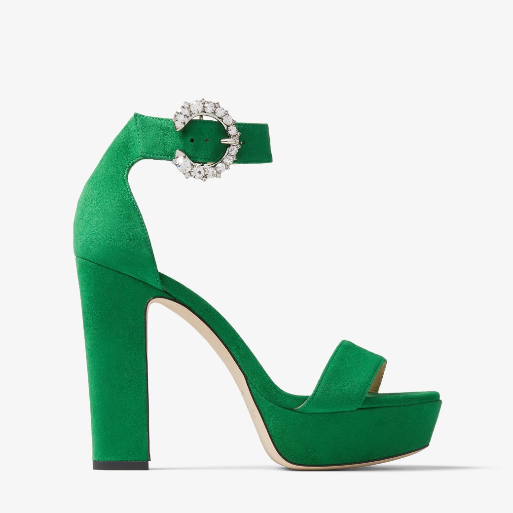 Jimmy Choo - Malachite Suede Platform Sandals with Crystal Buckle
