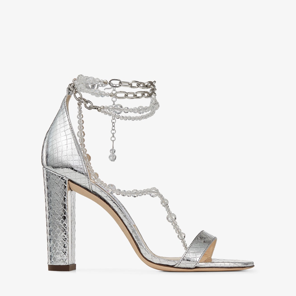 Jimmy Choo - Silver Leather Sandals with Chain and Glass Bead Embellishment