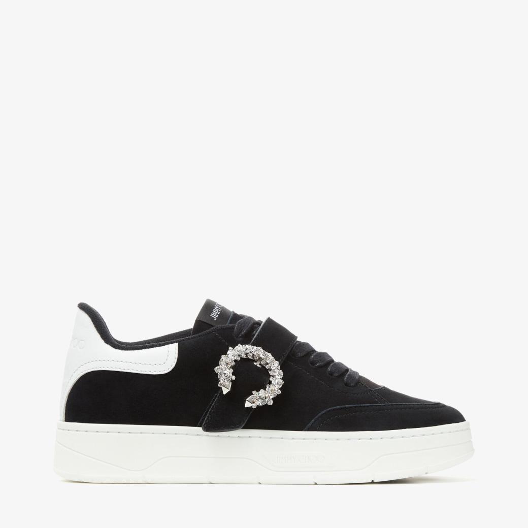 Jimmy Choo – Black Suede and White Calf Leather Low Top Trainers with Crystal Buckle