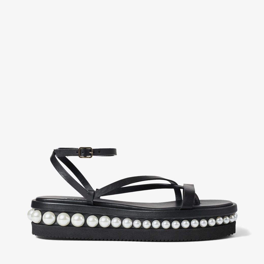 Jimmy Choo PINE FLAT - Black Vachetta Leather Platform Sandals with Pearl Embellishment