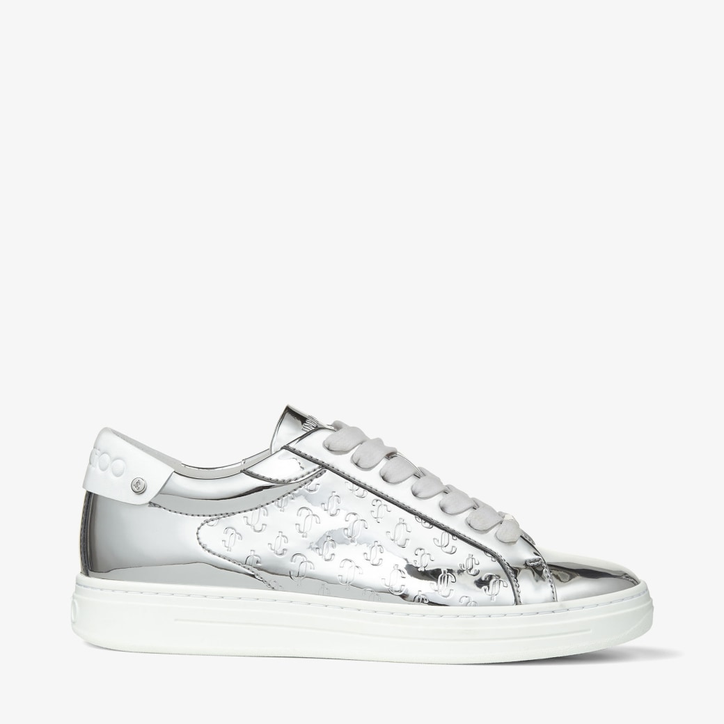 Jimmy Choo – Silver Leather and Metallic JC Monogram Pattern Low Top Trainers