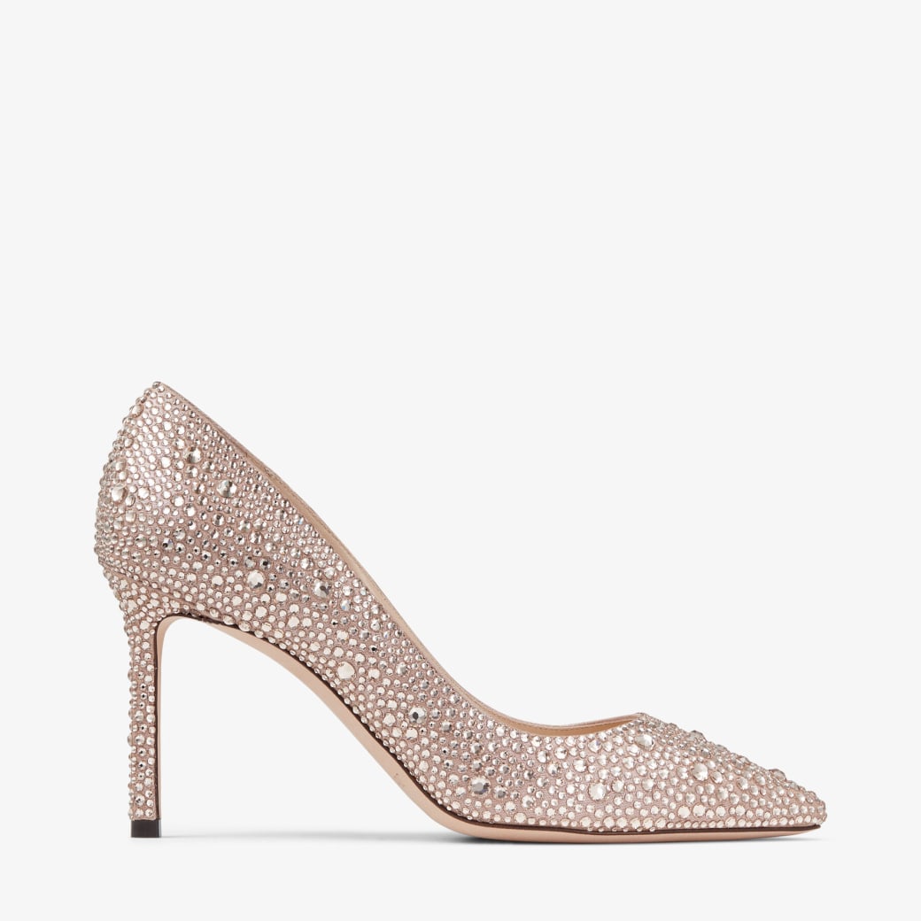 Jimmy Choo – Honey Gold Shimmer Suede Pumps with Crystal Embellishment