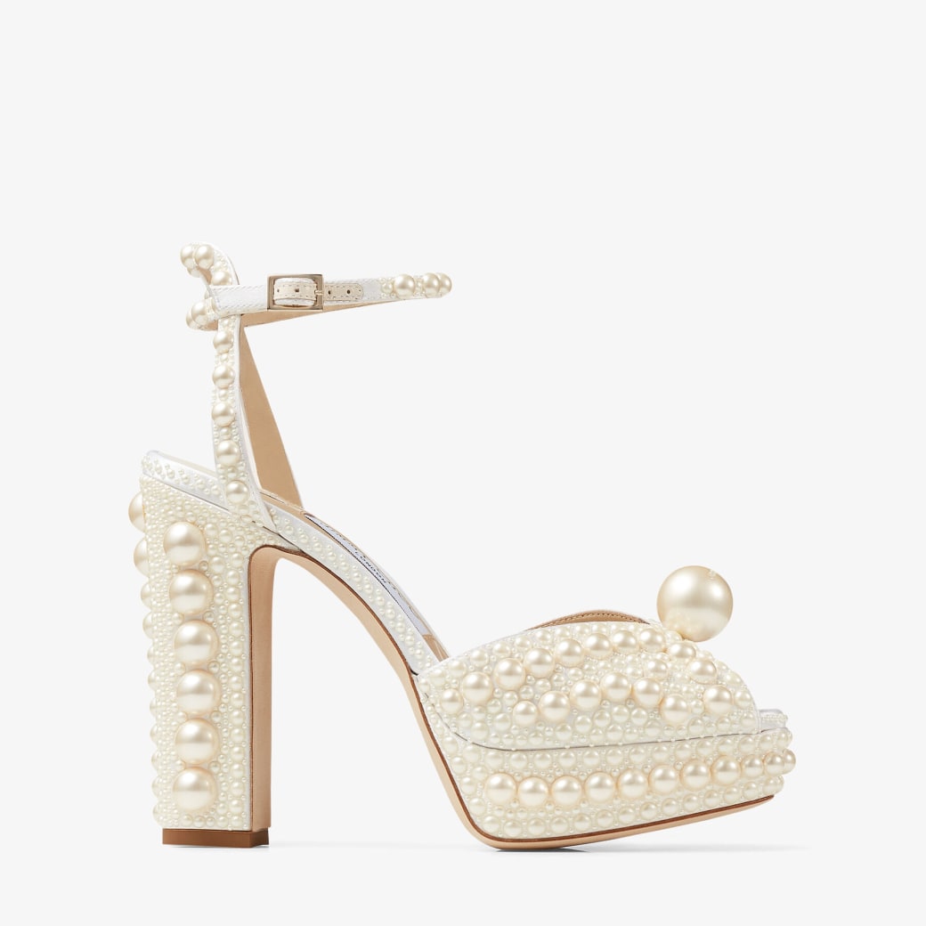 Jimmy Choo – White Satin Platform Sandals with All-Over Pearl Embellishment