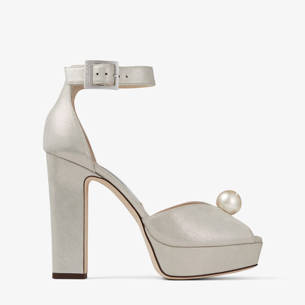 Jimmy Choo – Champagne Shimmer Suede Platform Sandals with Pearl Detailing