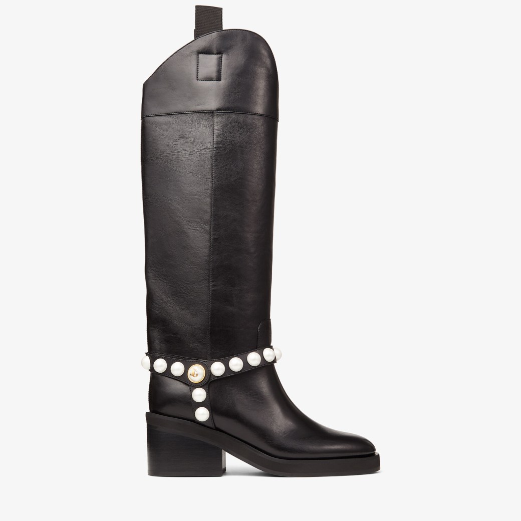Jimmy Choo – Black Vintage Leather Knee-High Boots with Pearls
