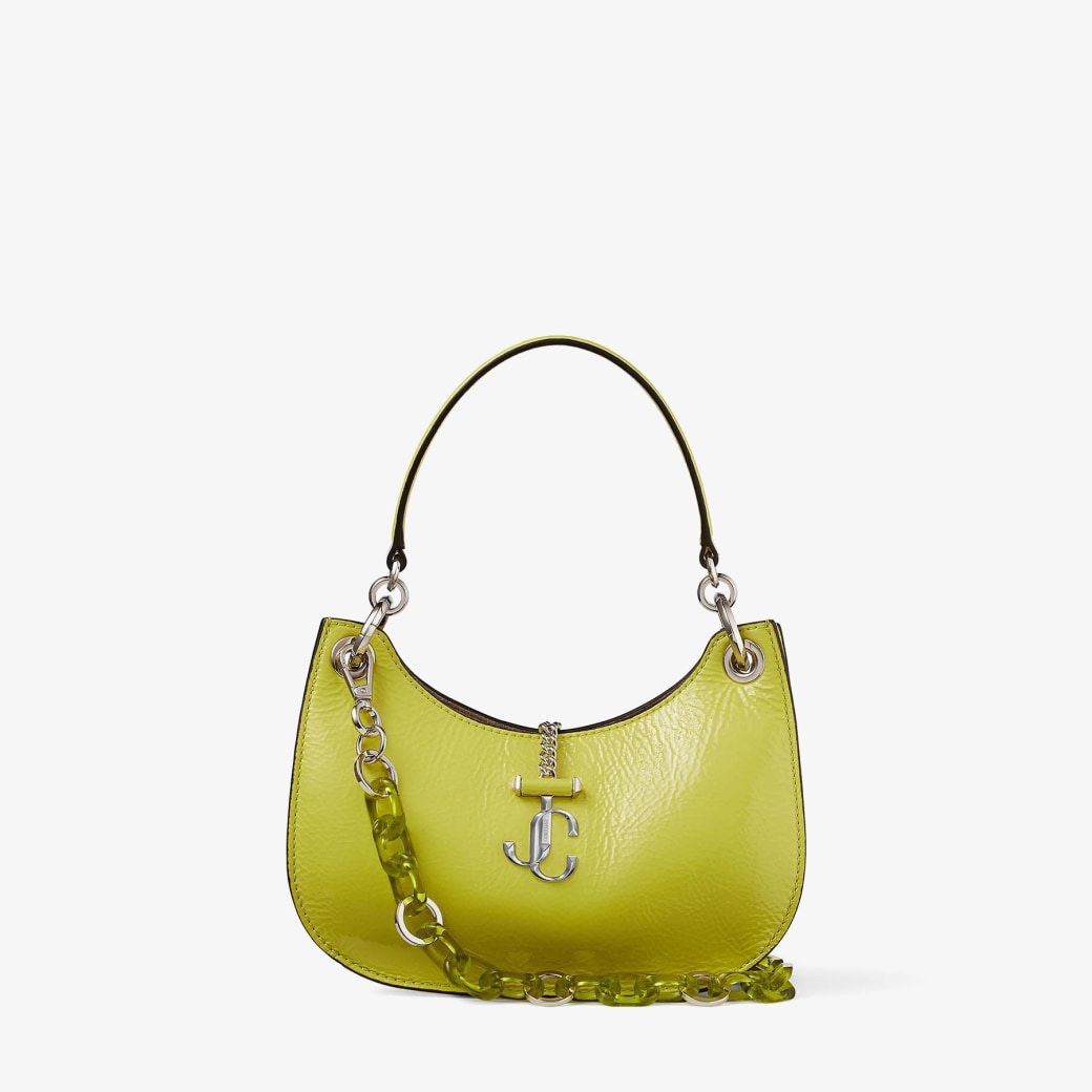 Jimmy Choo VARENNE HOBO S - Lime Patent Textured Leather Hobo Bag with Silver JC Emblem and Plexi Chain Strap