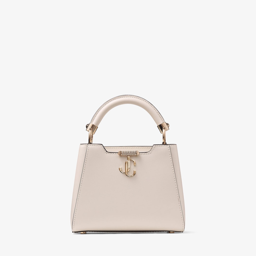 Jimmy Choo – Latte Leather Top Handle Bag with Crystal Bar and JC Emblem