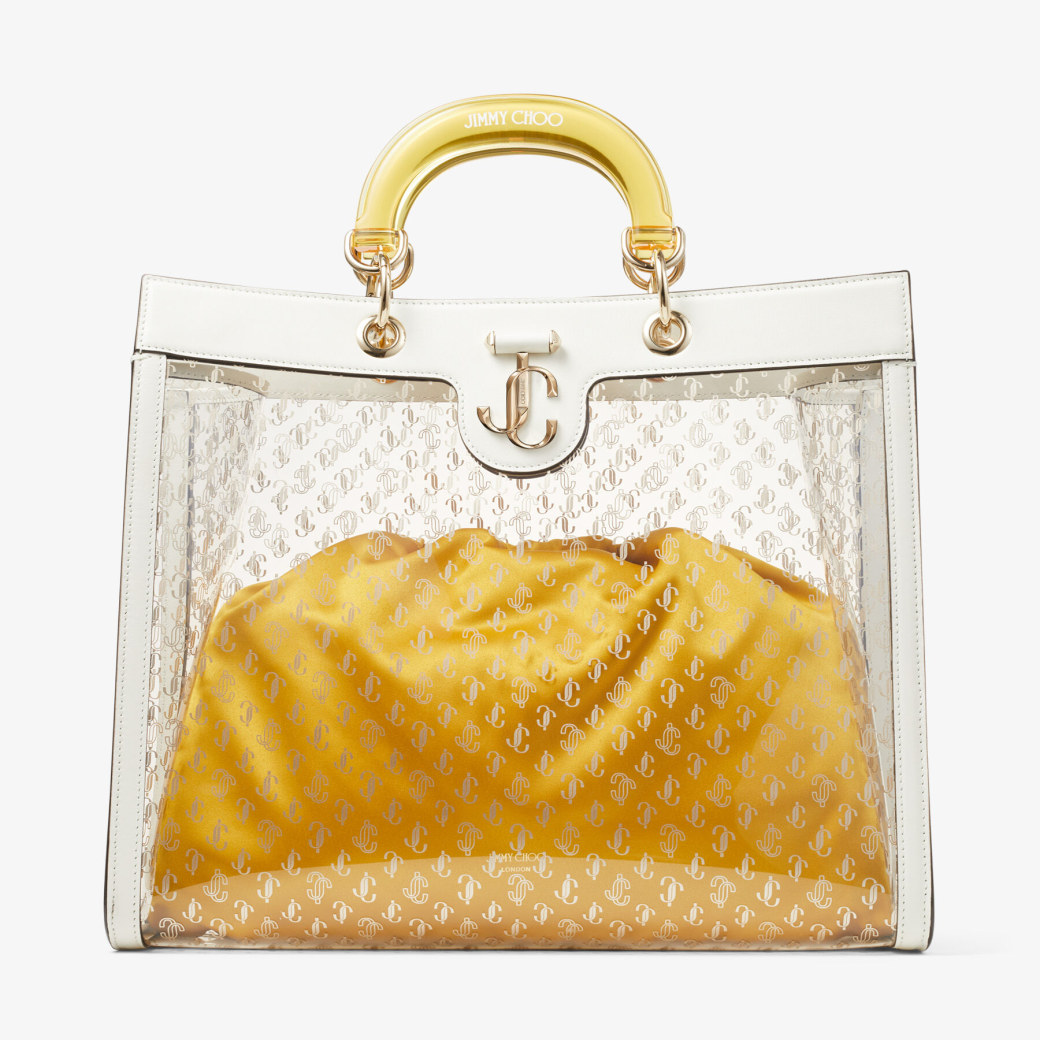 Jimmy Choo – Latte Leather Tote Bag with Yellow Plexi Handle