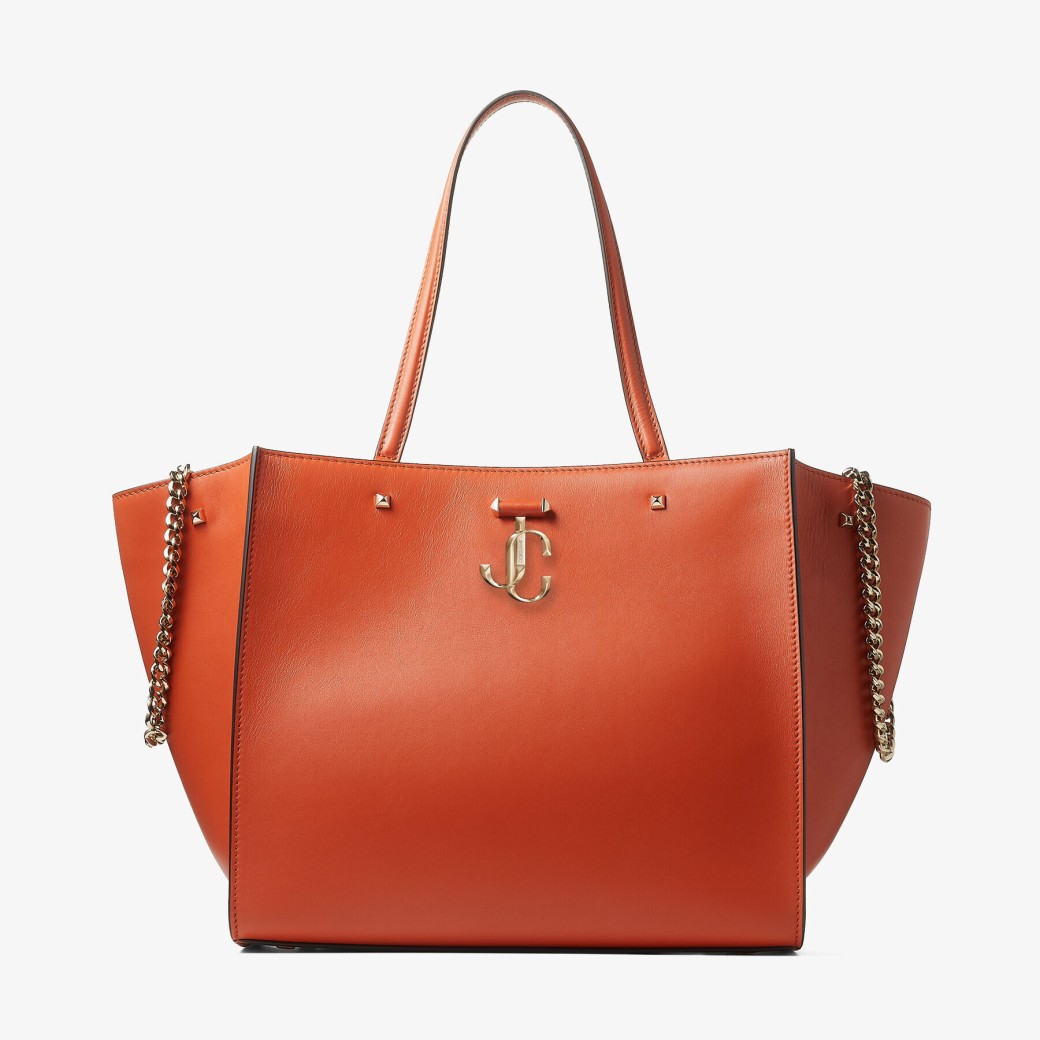 Jimmy Choo – Dark Amber Orange Fine Shiny Calf Leather Tote Bag with Light Gold JC Emblem