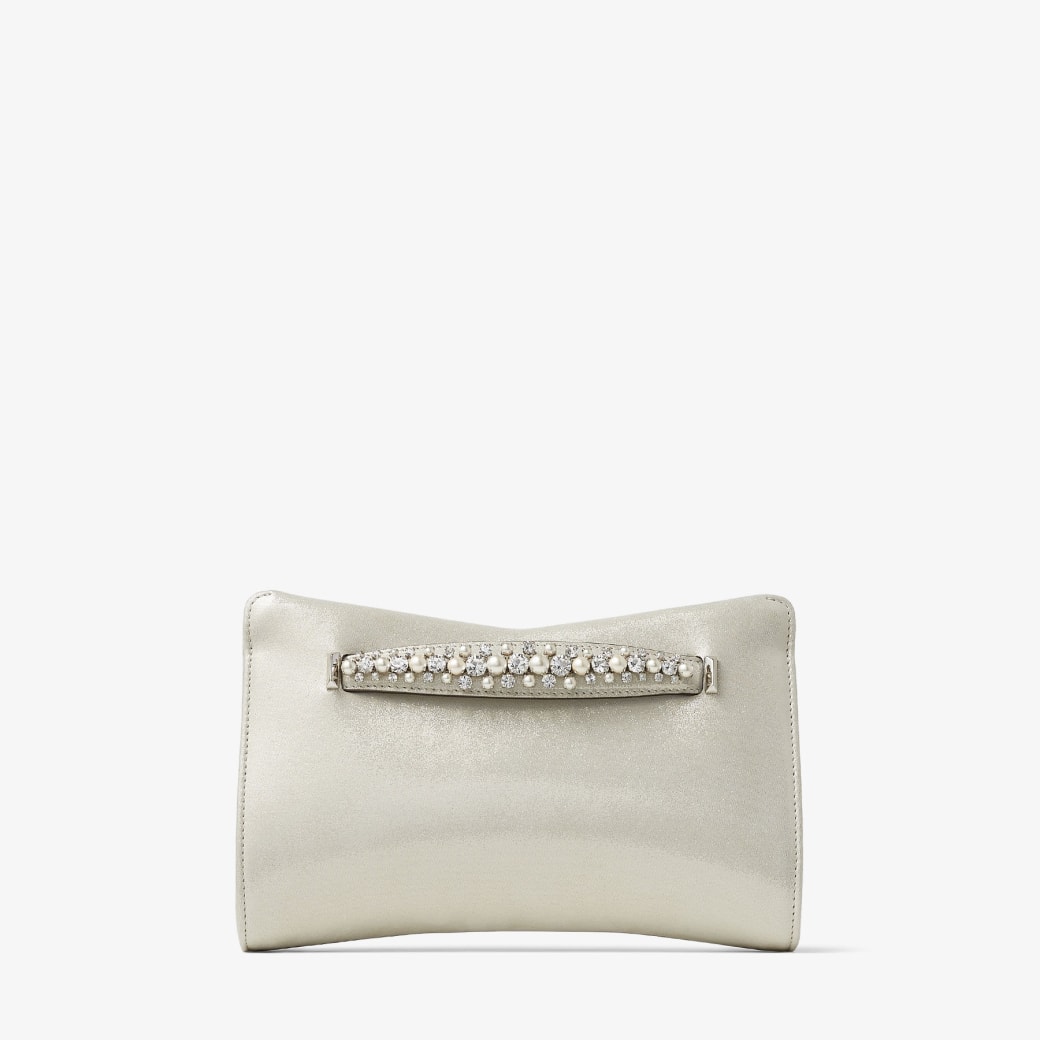Jimmy Choo - Champagne Shimmer Suede Clutch Bag with Pearl and Crystal Bracelet Handle