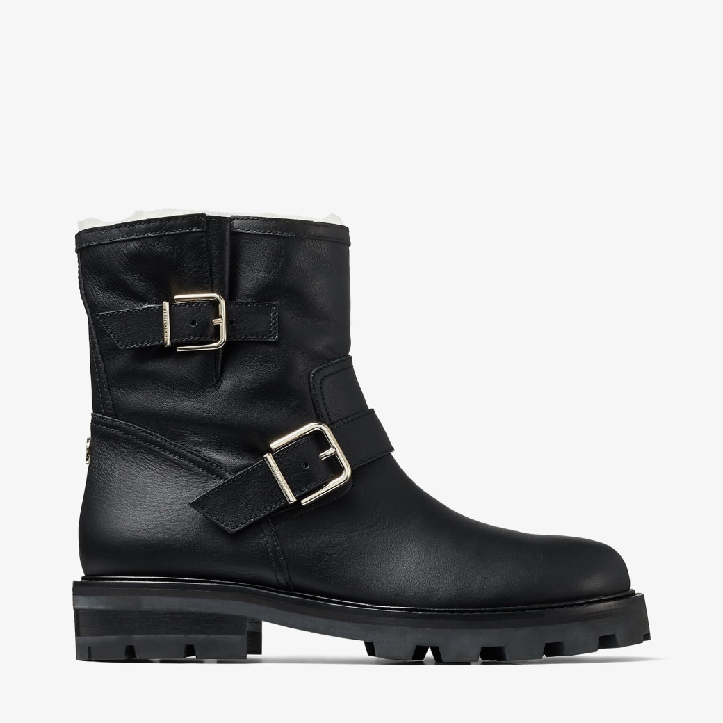Jimmy Choo – Black Smooth Leather Biker Boots with Gold Buckles and Shearling Lining