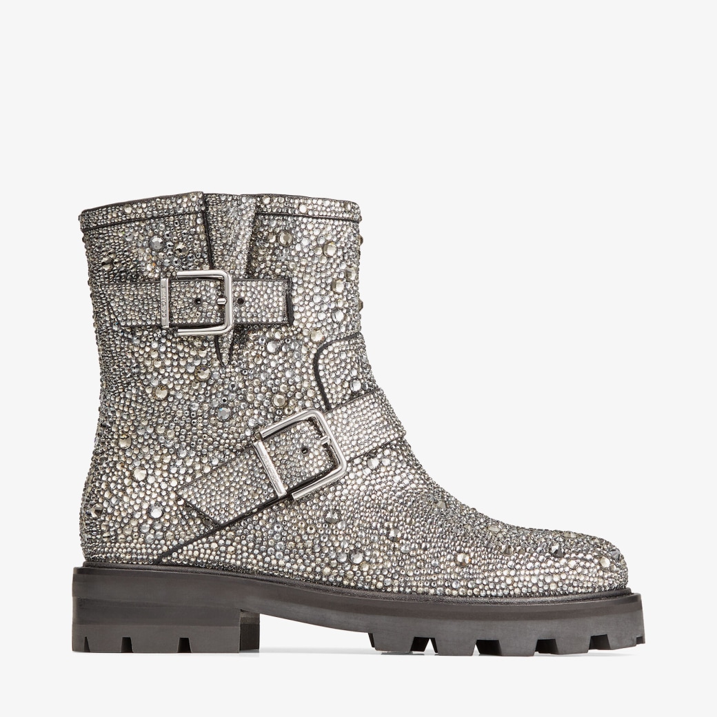 Jimmy Choo YOUTH II - Anthracite Suede Biker Boots with All-Over Crystal Embellishment