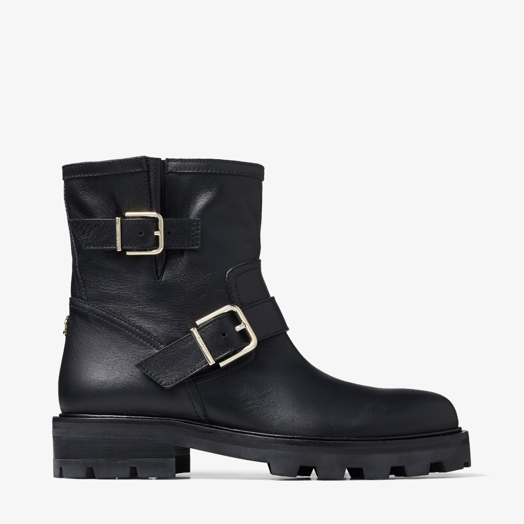 Jimmy Choo – Black Smooth Leather Biker Boots with Gold Buckles