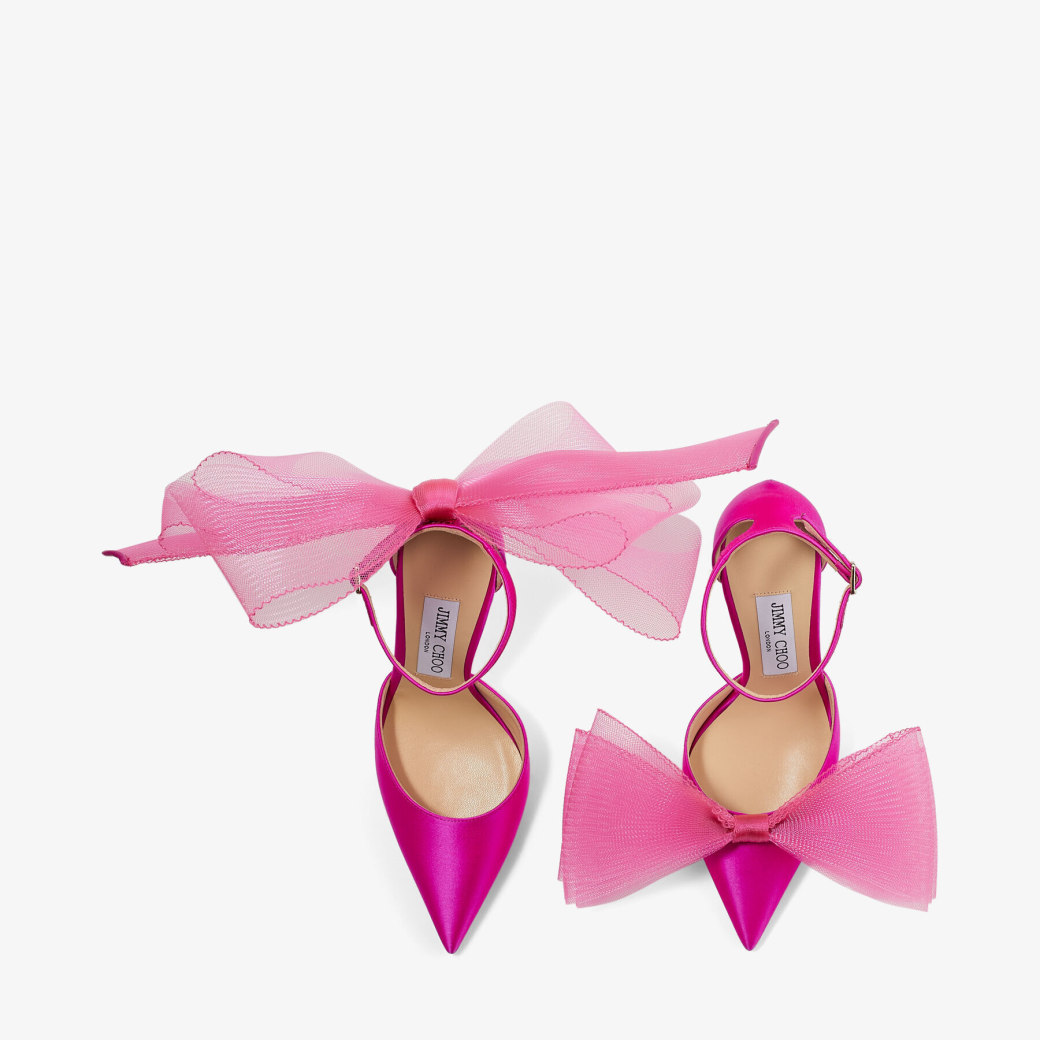 Zapatos de salón de color fucsia con lazos tipo tocado asimétricos en malla  de grogrén | AVERLY 100 | Colección invierno 2021 | JIMMY CHOO