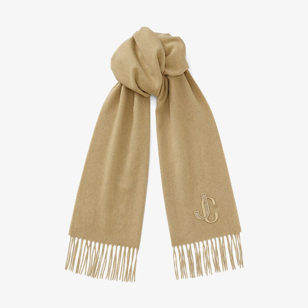 jimmychoo.com | Charles Cammello Recycled Cashmere Scarf with JC embroidery