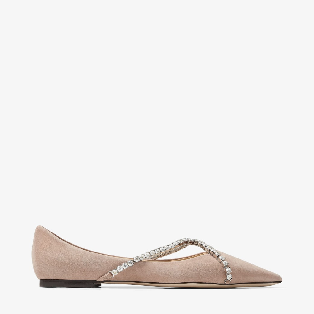 Bailarinas de punta fina en color rosa ballet con cadena de cristal |  GENEVI Flat | Primavera-verano 2021 | JIMMY CHOO