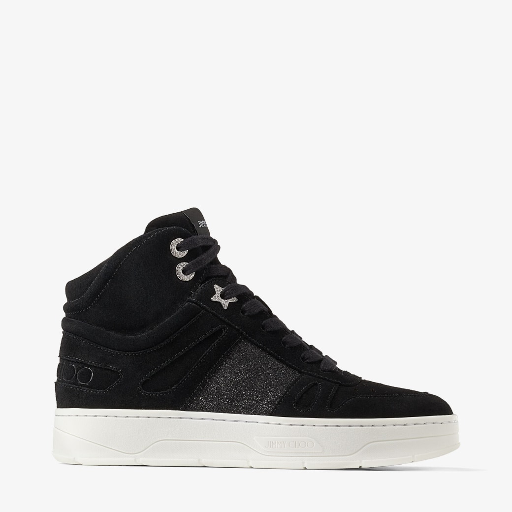 Scarpe sportive alte in pelle scamosciata nera con banda glitterata |  HAWAII HI TOP/F | Autunno-Inverno 2021 | JIMMY CHOO