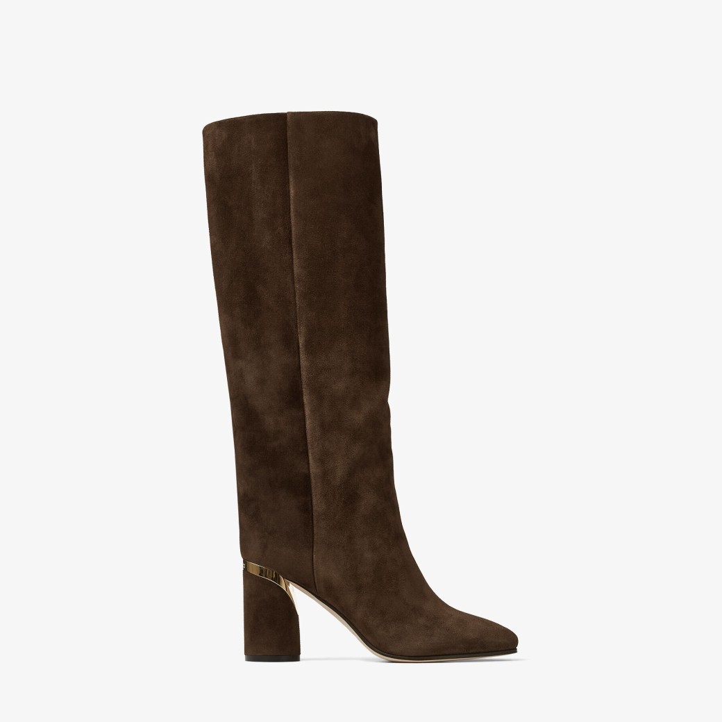 Botas altas en serraje de color chocolate | JAYLA 85 | Colección invierno  2021 | JIMMY CHOO