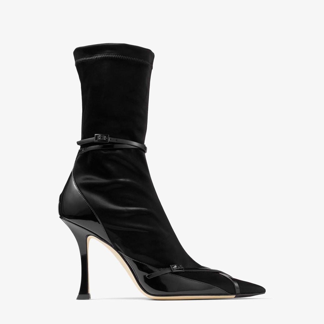 JIMMY CHOO/MUGLER STRAP ANKL BOOT | Stivaletti in jersey tecnico e pelle  spazzolata neri con fascette | Jimmy Choo / Mugler | JIMMY CHOO