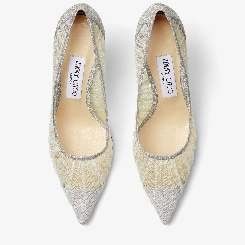 Décolleté in tessuto argento glitterato effetto metallizzato con tulle  avorio | LOVE 65 | Cruise 2020 | JIMMY CHOO