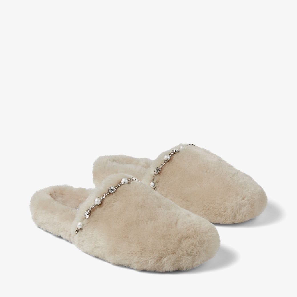 Natural Shearling Slippers with Crystal and Pearl Detailing| ALIETTE ...