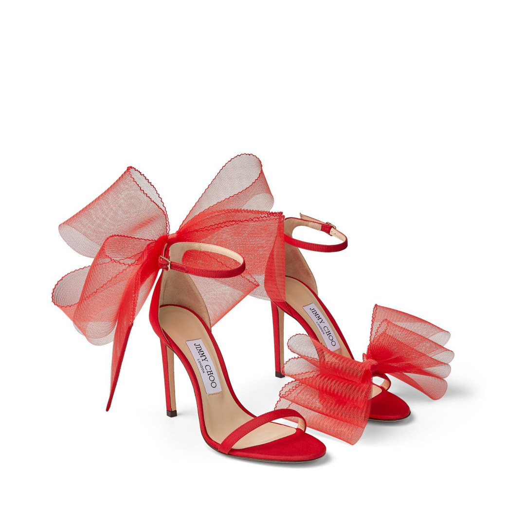 Red Sandals with Asymmetric Grosgrain Mesh Fascinator Bows | AVELINE