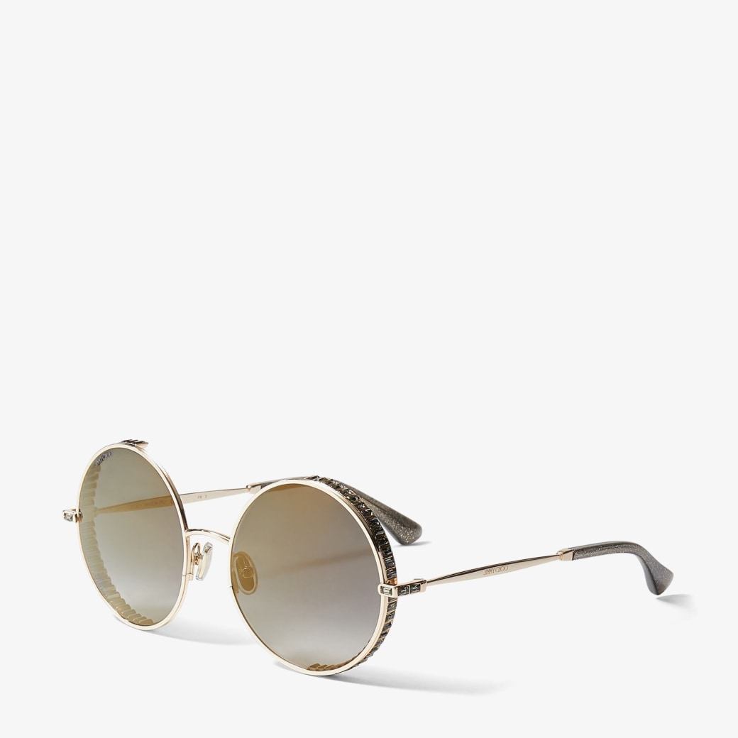 Gold Round-Frame Sunglasses with Black Swarovski Crystal Embellishment ...