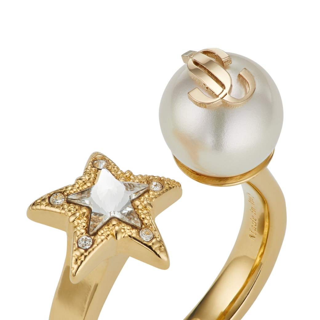 Shop Jimmy Choo Jc Star Pearl Ring In Gold/white/crystal